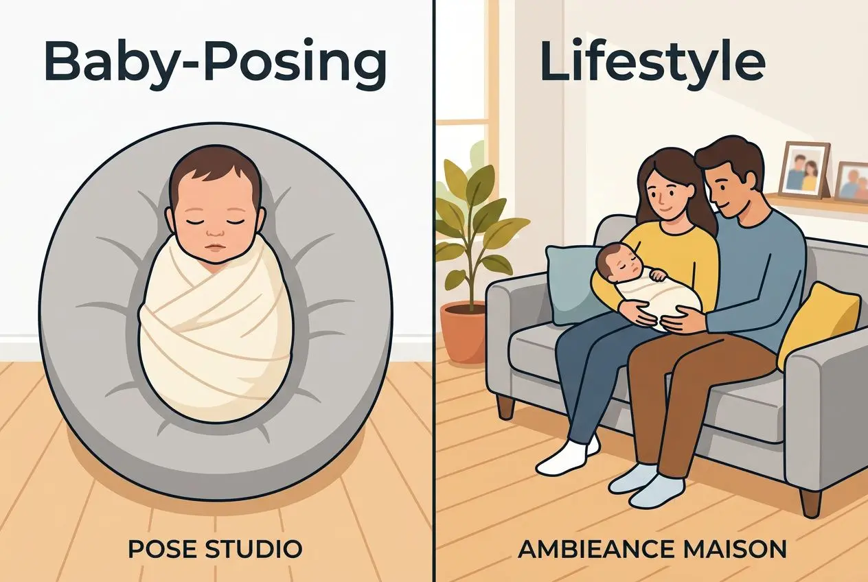 Alt: "Baby-Posing et Lifestyle: nouveau-né posé en studio sur un coussin près du sol et parents sur le canapé à la maison"