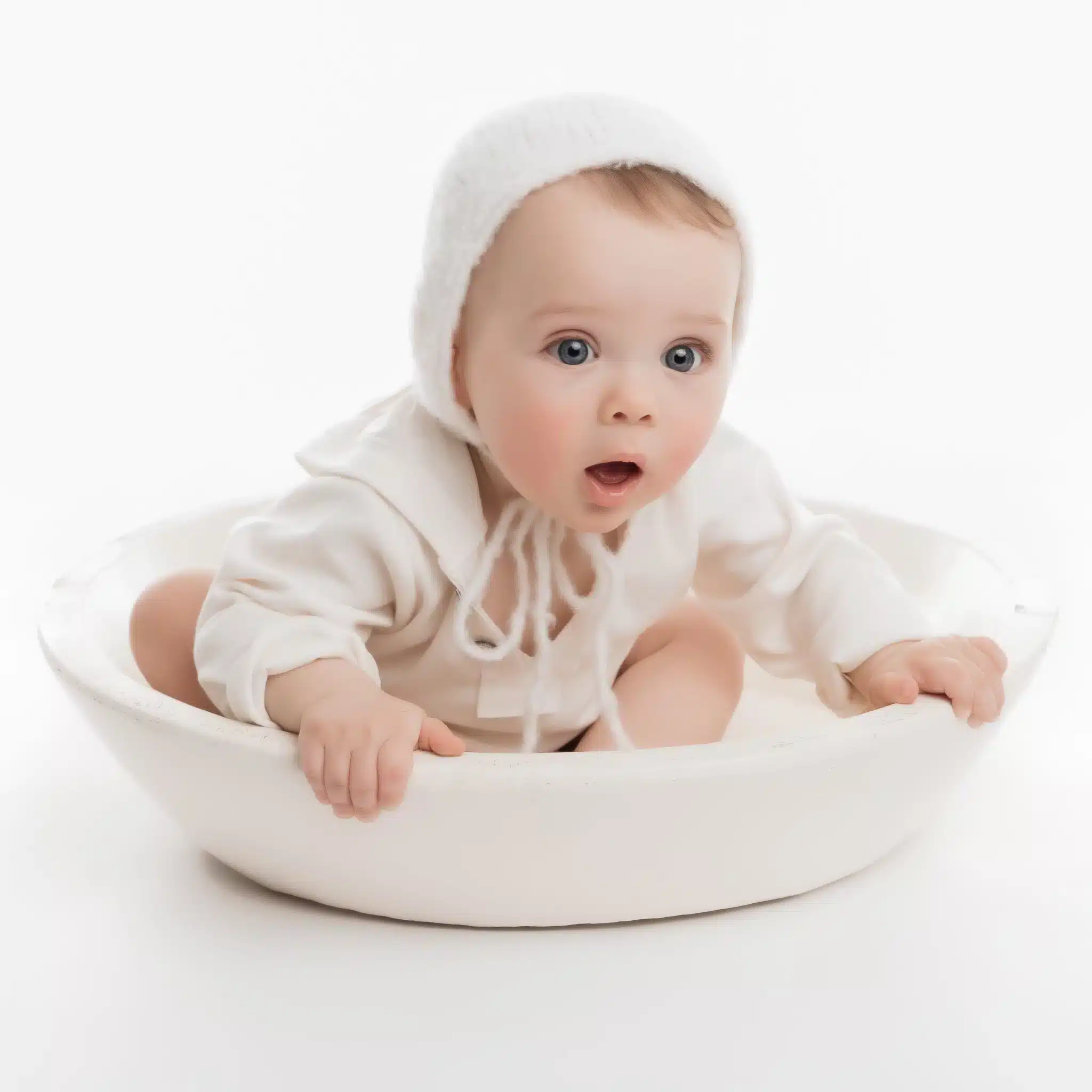 Bébé assis dans un bol blanc, robe blanche et bonnet côtelé, regard émerveillé vers l’objectif.
