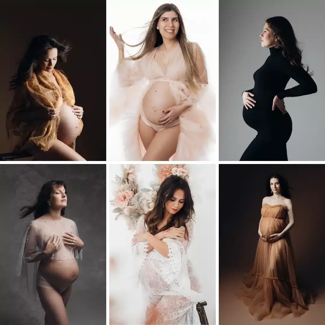Collage de six portraits de femmes, dont une femme enceinte, en teinte verte dominante.