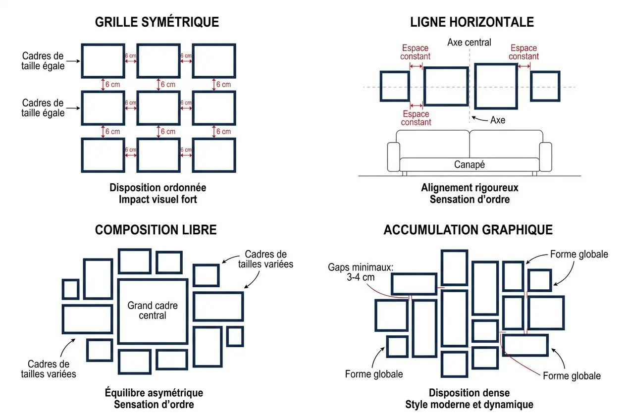 Comment créer un mur de cadres harmonieux chez soi ? Diagrammes illustrant grilles et compositions pour une ambiance visuelle équilibrée et dynamique.