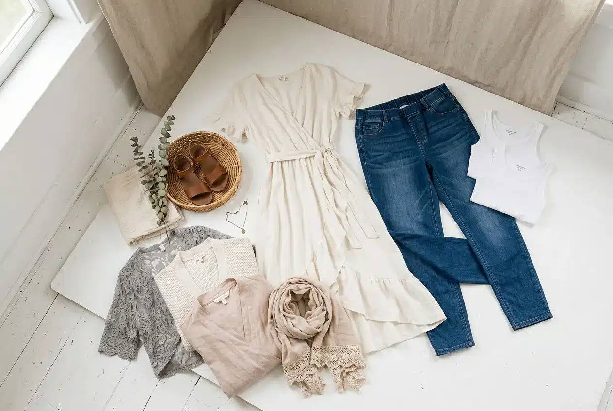 Disposition de tenues neutres et reproductions: robes crème, chemises, jeans bleus, foulards et accessoires alignés sur le sol blanc, prêt pour une séance photo grossesse. Integrates keyword? Must include "comment se preparer pour sa seance photo grossesse guide complet"自然. But alt text must be concise and include keyword naturally. We can say: "Vêtements neutres pour la séance photo grossesse, comment se preparer pour sa seance photo grossesse guide complet, avec tenues et accessoires." But avoid awkward. 1-2 clauses. Let's craft: "Collection de tenues neutres pour séance grossesse prête: robes crème, jeans bleus, foulards et accessoires, comment se preparer pour sa seance photo grossesse guide complet." Ensure under 125 chars. Let's count: "Collection de tenues neutres pour séance grossesse prête: robes crème, jeans bleus, foulards et accessoires, comment se preparer pour sa seance photo grossesse guide complet." That's long. Maybe shorten: "Tenues neutres prête pour séance grossesse: robes crème, jeans bleus, foulards; comment se preparer pour sa seance photo grossesse guide complet." Okay. Tenues neutres prête pour séance grossesse: robes crème, jeans bleus, foulards; comment se preparer pour sa seance photo grossesse guide complet.