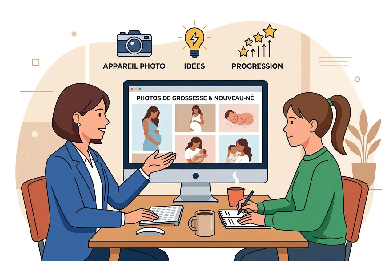 Formation photographe nouveau-né et grossesse en studio: échange entre deux professionnelles autour d’un écran affichant des photos de grossesse et nouveau-né.