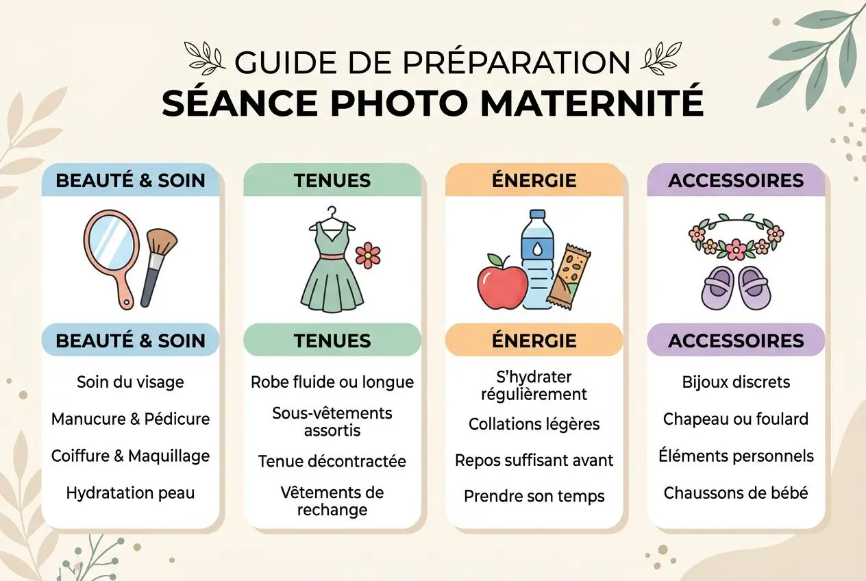 Guide de préparation séance photo maternité: illustrations de rubriques beauté, tenues, énergie et accessoires avec conseils et listes.