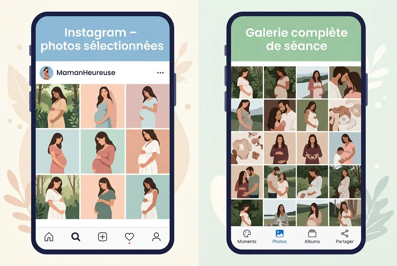 Illustrations d’Instagram et Galerie complète montrant des femmes enceintes en séance grossesse, conseils visuels. comment choisir son photographe grossesse paris