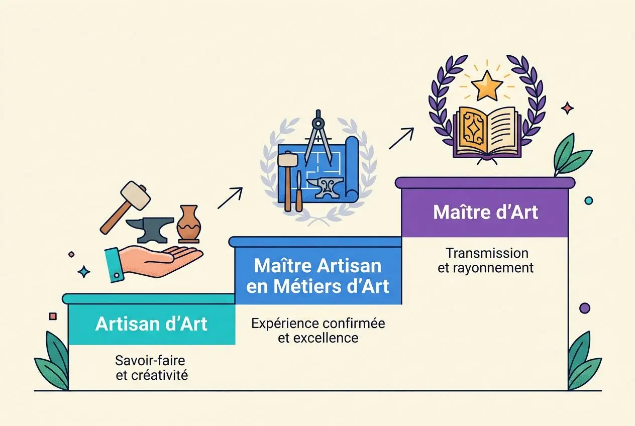Progression illustrant les niveaux : Artisan d’Art, Maître Artisan en Métiers d’Art, puis Maître d’Art avec transmission et rayonnement.