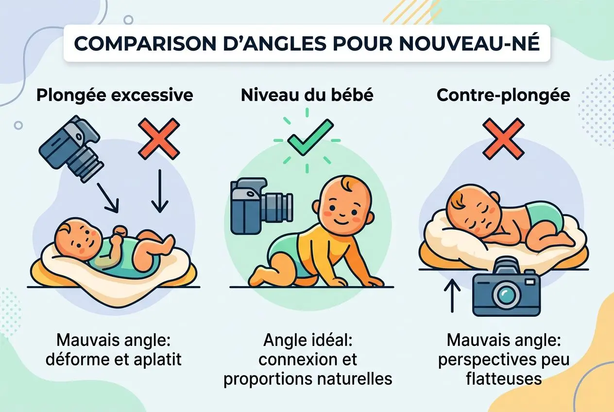 Comparaison d’angles pour nouveau-né: bébé à plat ventre, photo idéale, et contre-plongée avec erreurs visibles et conseils de cadrage. Évitez les angles déformants pour de belles photos de bébé à la maison.