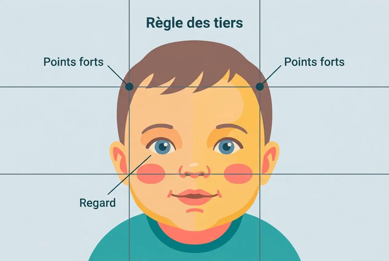 Illustration d’un visage d’enfant avec la règle des tiers et des repères “Regard” et “Points forts” pour une composition photo adaptée. 7 astuces pour photographier un bébé qui ne tient pas en place.