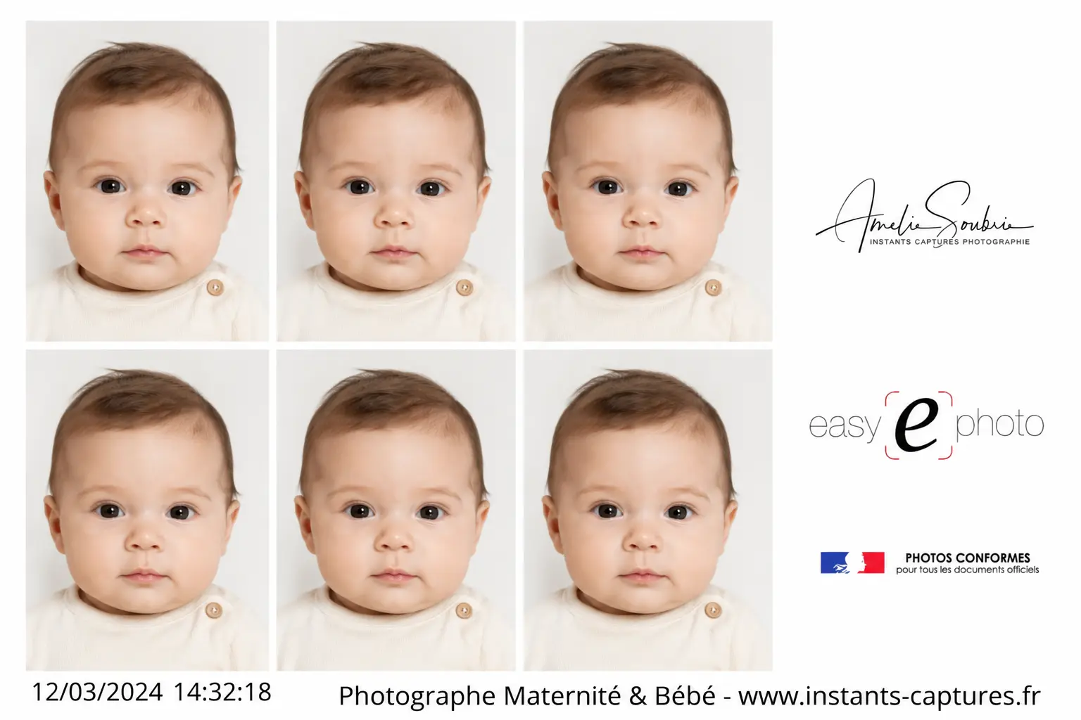Groupe de six portraits d’un bébé, 6 mois environ, exposés en mosaïque sur fond clair, avec horodatage et logos Amélie Soubrié et easy photo à droite.