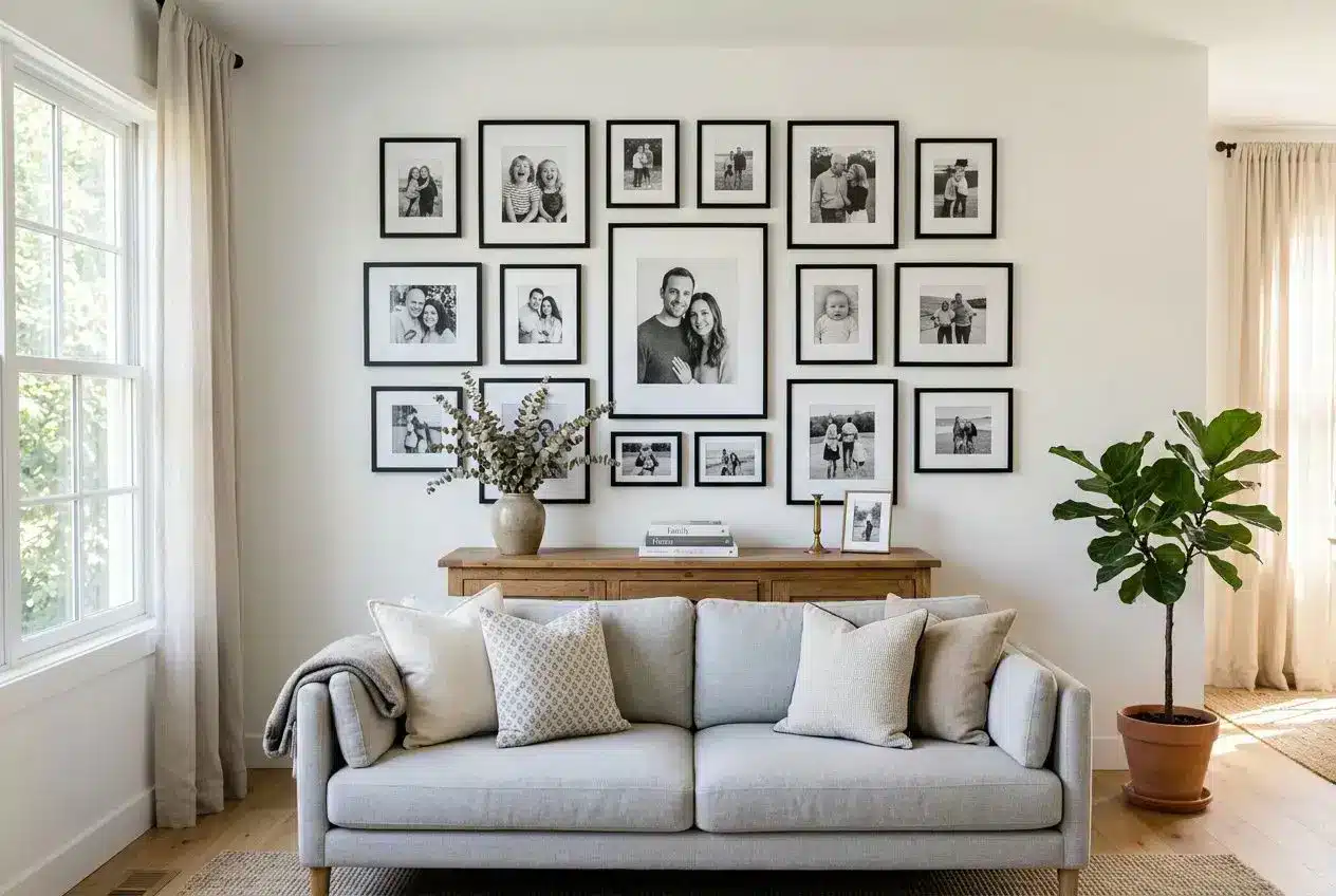 Salle à manger/salon lumineux avec canapé turquoise et mur de cadres photos en montage galerie familial. Présence d’une plante d’intérieur et de rideaux, ambiance chaleureuse. Comment réussir une photo de famille avec de jeunes enfants ?